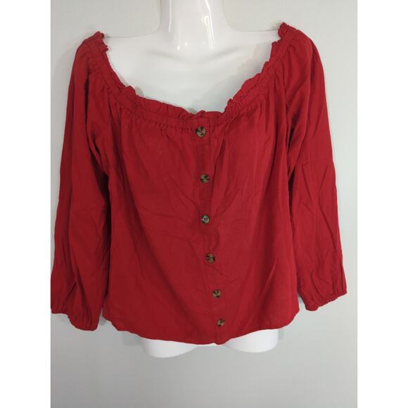 Guess Red Linen Blend Off The Shoulder Top - Size M - Button Casual Long Sleeve - Picture 1 of 7
